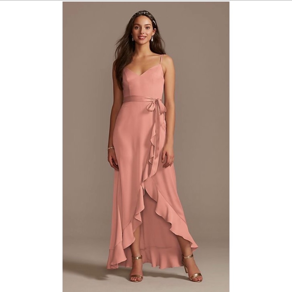 NWOT Spaghetti Strap Crepe Ruffle Bridesmaid Dress Davids Bridal Desert Coral